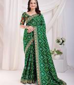 Green bandhani printed with embroidery work ceremonial saree