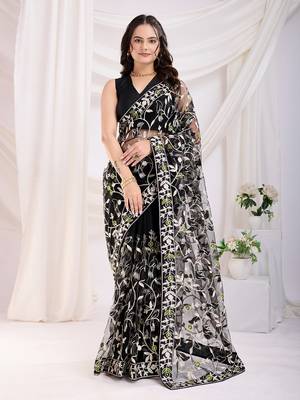 Black soft net c thread embroidery work girlie partywear saree 1