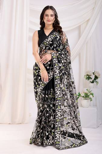 Black soft net c designer thread embroidery work girlie partywear saree