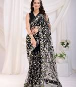 Black soft net c thread embroidery work girlie partywear saree