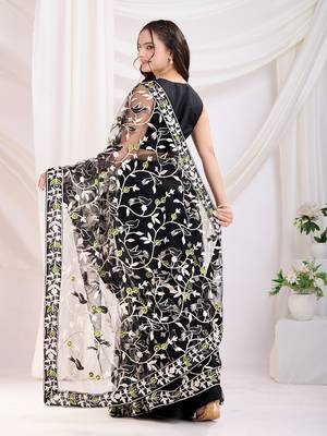 Black soft net c thread embroidery work girlie partywear saree 2