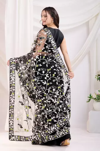 Black soft net c thread embroidery work girlie partywear saree