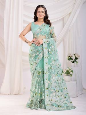 Sea green soft net c thread embroidery work girlie partywear saree 1