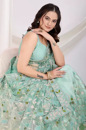 Sea green soft net c thread embroidery work girlie partywear saree