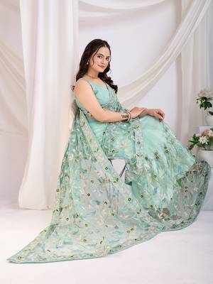 Sea green soft net c thread embroidery work girlie partywear saree 5