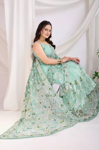 Sea green soft net c thread embroidery work girlie partywear saree