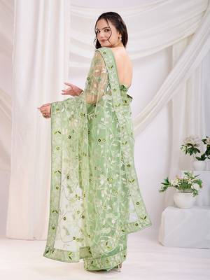 Pista soft net c thread embroidery work girlie partywear saree 2