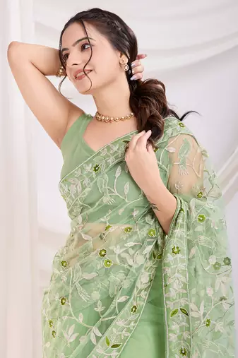 Pista soft net c thread embroidery work girlie partywear saree