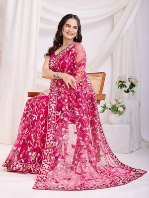 Dark pink soft net c thread embroidery work girlie partywear saree 5