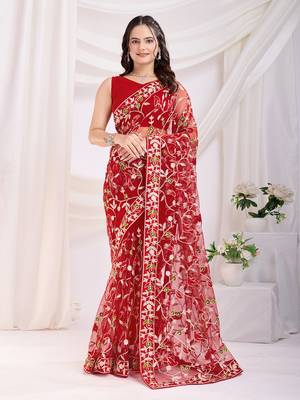 Maroon soft net c thread embroidery work girlie partywear saree 1