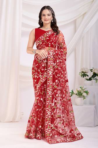 Maroon soft net c designer thread embroidery work girlie partywear saree