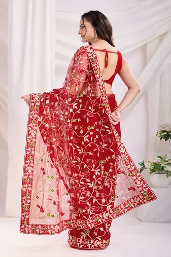 Maroon soft net c thread embroidery work girlie partywear saree