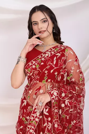 Maroon soft net c thread embroidery work girlie partywear saree