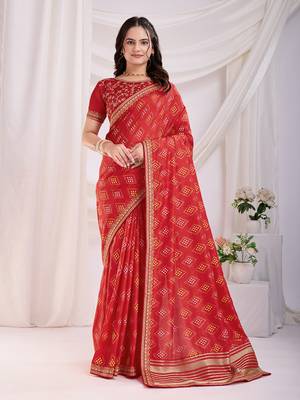 Red bandhej printed with embroidery work vichitra silk saree 1