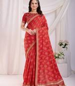 Red bandhej printed with embroidery work vichitra silk saree
