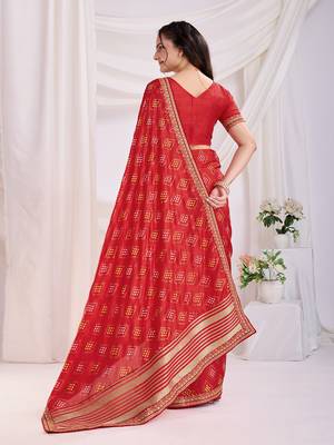 Red bandhej printed with embroidery work vichitra silk saree 2