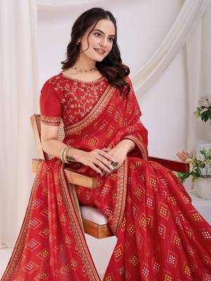 Red bandhej printed with embroidery work vichitra silk saree 3