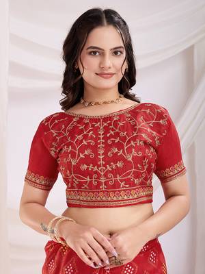 Red bandhej printed with embroidery work vichitra silk saree 4