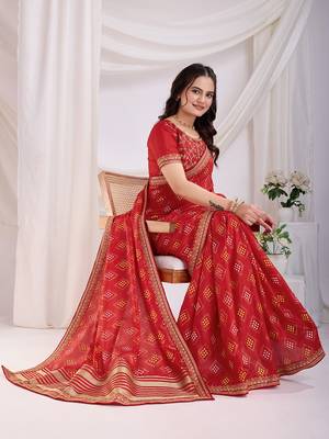 Red bandhej printed with embroidery work vichitra silk saree 5
