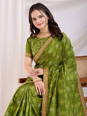 Green bandhej printed with embroidery work vichitra silk saree 3