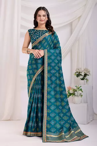 Teal blue bandhej printed with embroidery work vichitra silk saree
