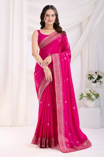 Dark pink chinon silk c desigenr zari embroidered ceremonial saree