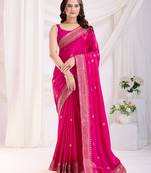 Dark pink chinon silk c desigenr zari embroidered ceremonial saree
