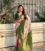Green cotton linen wevon designer saree with printed work