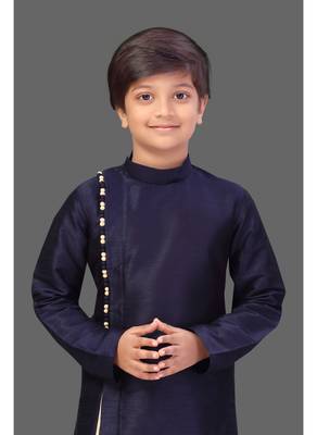 Navy blue art silk boys kurta pyjama 1