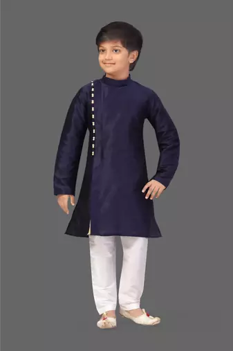 Navy blue art silk boys kurta pyjama
