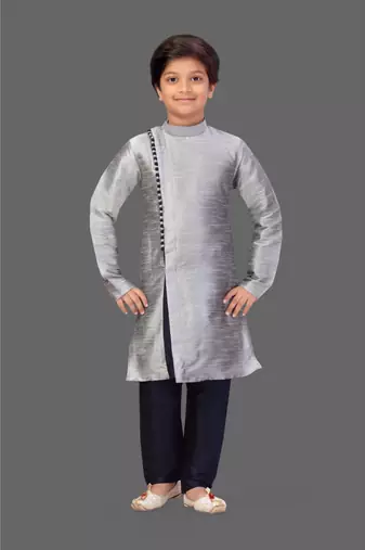 Ash grey art silk boys kurta pyjama