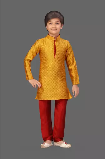Orange jacquard boys kurta pyjama