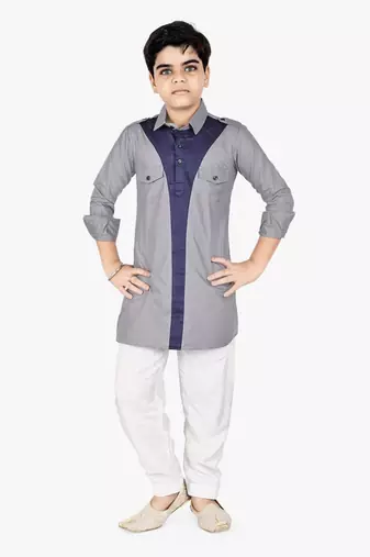 Grey cotton boys kurta pyjama