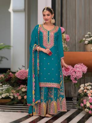 Rama green chinon fabric heavy zari and sequins embroidery work palazzo dress 1