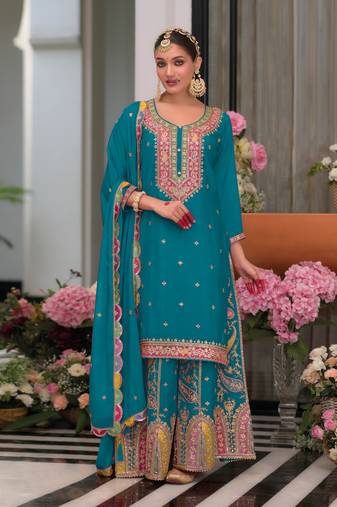 Rama green chinon fabric heavy designer zari and sequins embroidery work palazzo dress