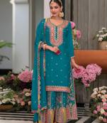 Rama green chinon fabric heavy zari and sequins embroidery work palazzo dress