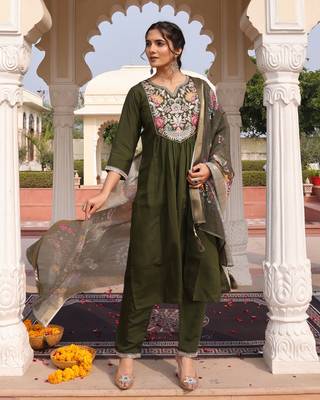 Mahendi beautiful cotton silk fabric glamorous partywear readymade suit 1