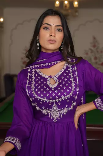 Purple beautiful soft silk fabric glamorous partywear readymade suit