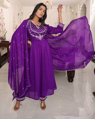 Purple beautiful soft silk fabric glamorous partywear readymade suit 5