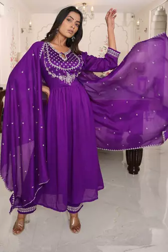 Purple beautiful soft silk fabric glamorous partywear readymade suit