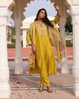 Yellow beautiful cotton silk fabric glamorous partywear readymade suit 1