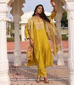 Yellow cotton silk embroidered glamorous partywear readymade suit