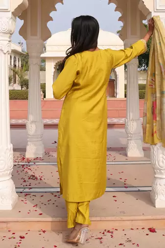 Yellow beautiful cotton silk fabric glamorous partywear readymade suit