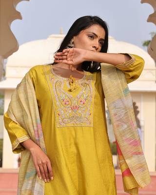 Yellow beautiful cotton silk fabric glamorous partywear readymade suit 4