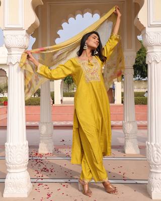 Yellow beautiful cotton silk fabric glamorous partywear readymade suit 5