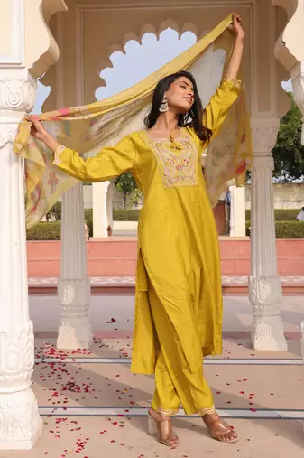 Yellow beautiful cotton silk fabric glamorous partywear readymade suit