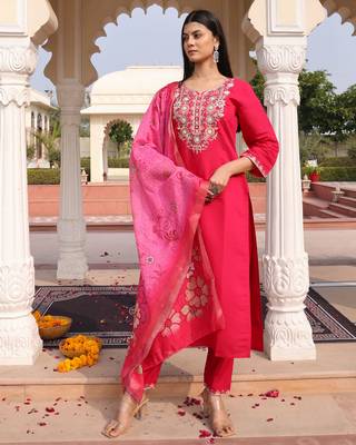 Pink beautiful cotton silk fabric glamorous partywear readymade suit 5