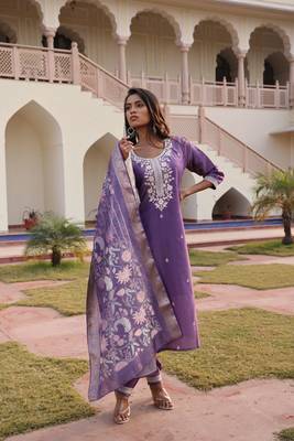 Purple beautiful shimmer silk fabric glamorous partywear readymade suit 1