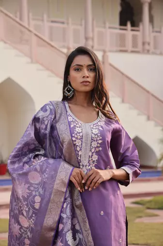 Purple beautiful shimmer silk fabric glamorous partywear readymade suit