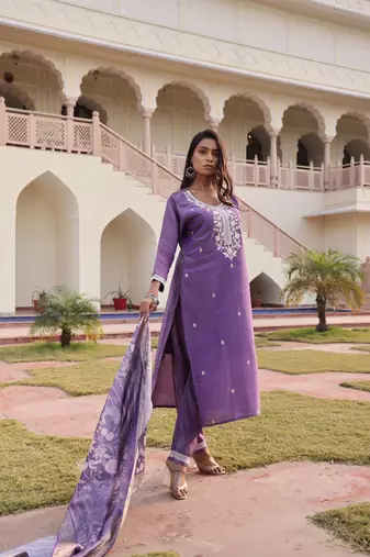 Purple beautiful shimmer silk fabric glamorous partywear readymade suit